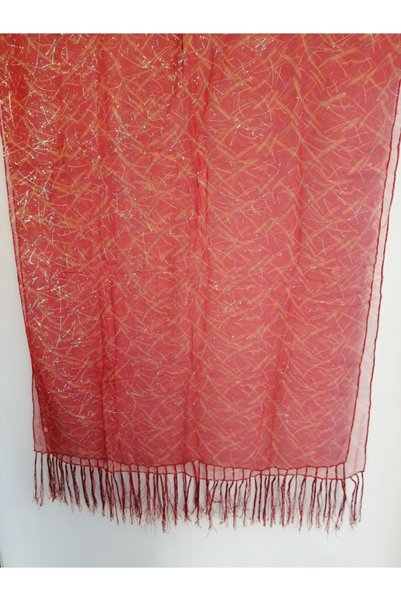 Butik Tülin Otantik İpek Şifon Altın Yaldızlı Kırmızı Desenli Püsküllü Dikdör...