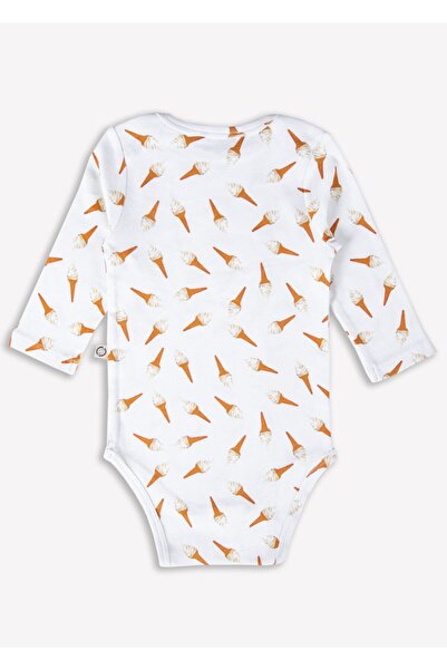 Ozmoz By Mukadder Özden Ice Cream Printed Long Sleeve Organic Baby Girl Bodysuit with Snap Detail