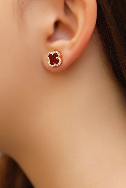 MorMajor Silver Çiftli, Kırmızı Taşlı Yonca Gümüş Küpe