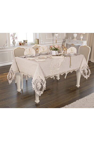 MİRAY 26 Parça Linen Busem Fransız Dantelli Yemek Seti Krem