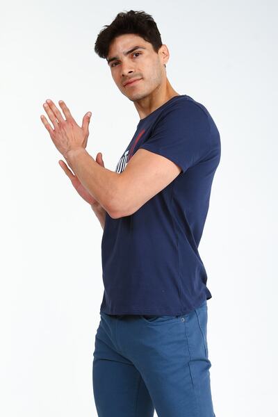 Collezione Men's Navy Blue Sports Printed T-shirt - Null Collar, Short Sleeve