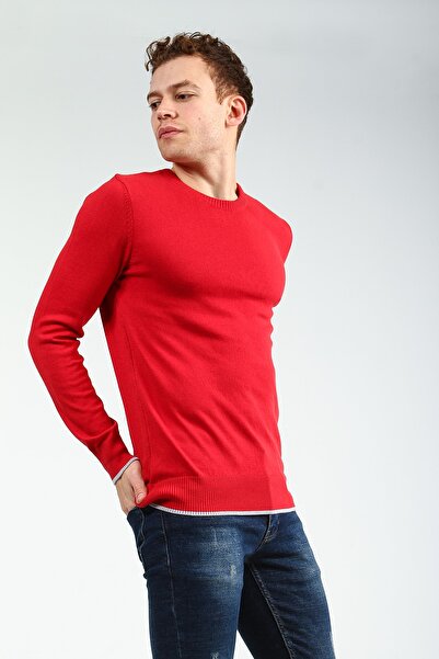 Collezione Red Crew Neck Long Sleeve Men's Knitwear Sweater with Elastic Hem