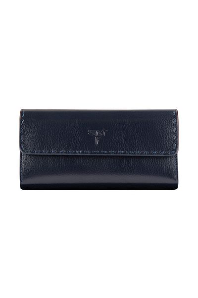 Garbalia Genuine Leather Saddler Stitched Navy Blue Women's Money Portfolio with Phone Compartment