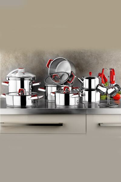 Kütahya Porselen Silindir 18 Parça Çelik Çeyiz Seti Kırmızı