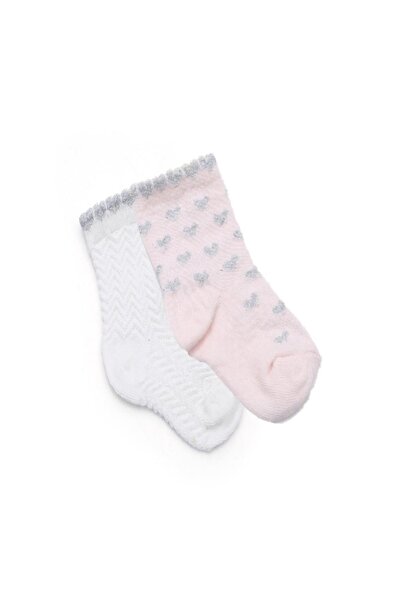 Ciorap 2'li Bebek Asortili Simli Kalpli Pikotlu Çorap 81080-b2