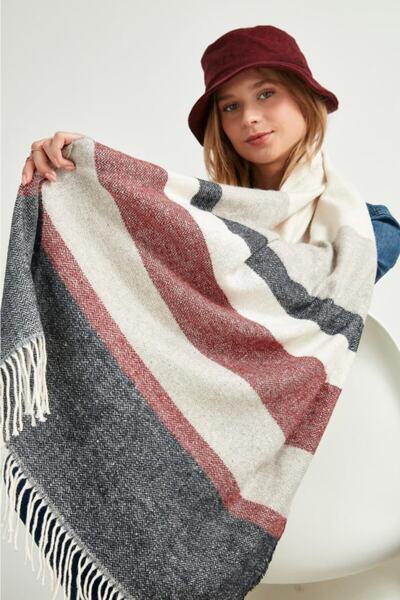 FELLMENS Burgundy-Navy Blue Herringbone Patterned Women's Shawl