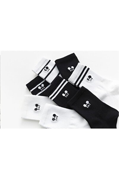 çorapmanya 6 Çift Çok Renkli Mouse Desenli Çizgili Pamuklu Kolej Tenis Çorap
