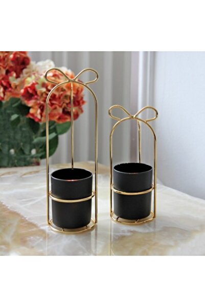 Bahat Camlı Dekoratif Metal Mumluk Fener Gold Altın Rengi 2 Li