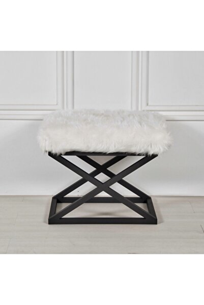 evodeko Siyah Metal Ayaklı Beyaz Peluş Puf
