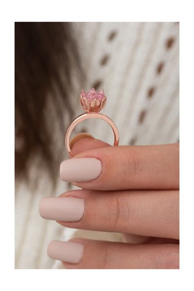Fulya Silver 14k Pirinç Kaplamalı Ayarlanabilir Ölçülü Pembe Renkli Lotus Çiç...