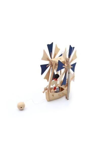 Mashotrend Ahşap Kapı Sarkıtı - Çocuk Odası Tavan Süsü - Mavi Yel Değirmenli Ahşap Gemi Süsü
