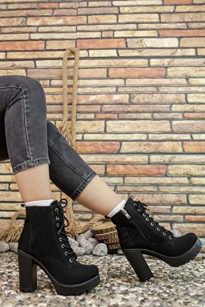 Riccon Siyah Süet Kadın Yüksek Topuklu Bot 0012sp01