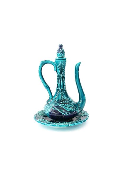 Sultan Çini Turkuaz Çini El Emeği Kabartma Desen Tabaklı Vazo 30 cm