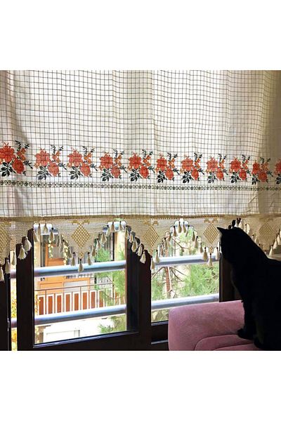 Yavuz Tekstil Cross Stitch Embroidered Four Different Colors 150cm X 180cm Cotton Curtain Orange