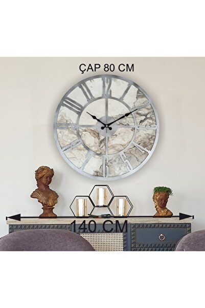 Markakanvas Mermer Desenli Metalik Gri Renkli Duvar Saati Çap 80 Cm