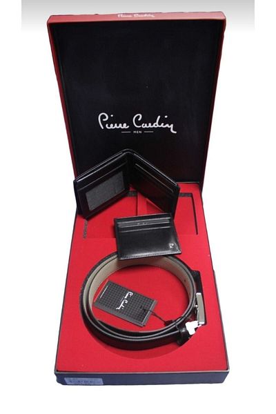 Pierre Cardin Ανδρική μαύρη δερμάτινη ζώνη πορτοφόλι Σετ 3 τεμ