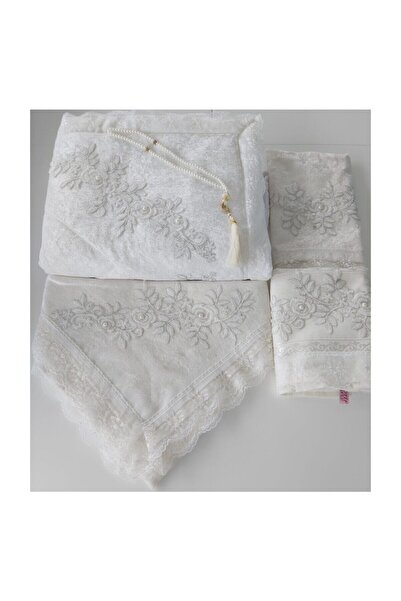 Lamazi Home Ekru Krem Kadife Seccade Takımı 5 Parça Çeyizlik Bohça Gelin Seti...