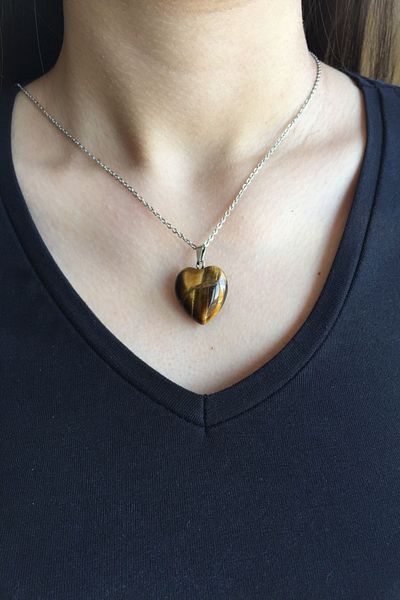axexuar Tiger Eye Stone Natural Stone Necklace with Heart Motif 316l Steel Necklace 50cm Zodiac Stone