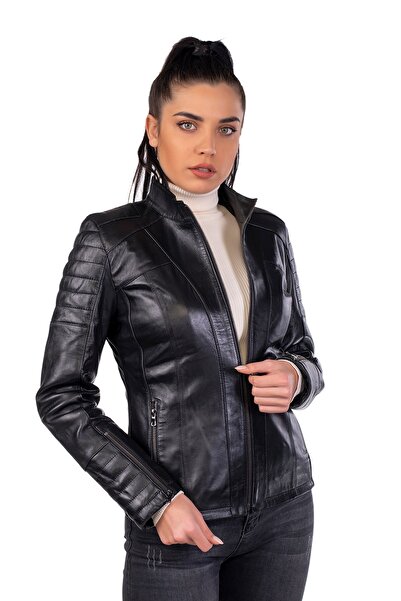 BATU DERİ Kadın Siyan Hakiki Deri Deri Mont