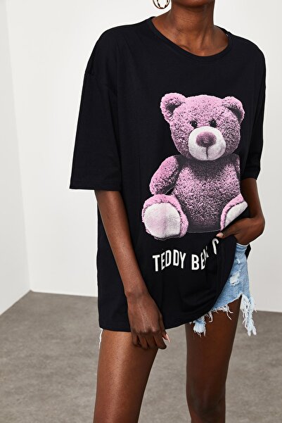 XHAN Women's Black Teddy Bear Printed Casual T-Shirt 1KZK1-11552-02