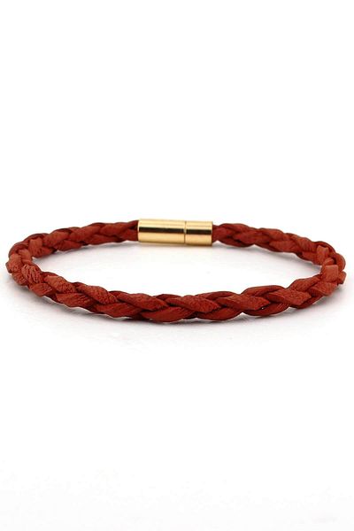 Solfera Men's Hand Knitted Genuine Leather Yellow Metal Clip Bracelet Bt503