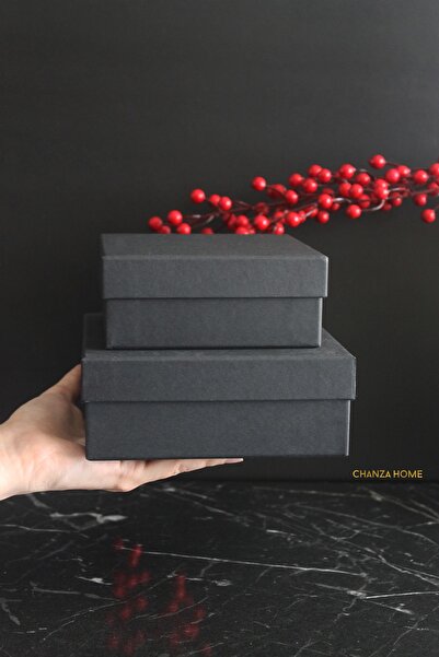 CHANZA HOME 2'li Takım Siyah Küçük Boy Kaliteli Sert Kalın Kutu Hediye Kutusu 15,5 X 15,5 X 6 - 13 X 13 X 5,5