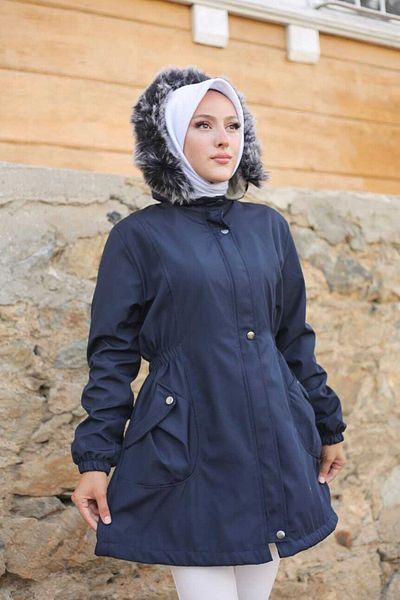 Marjinal City Navy Blue Fur Lined and Waterproof Large Size Oversize Women's Winter Coat & Coat