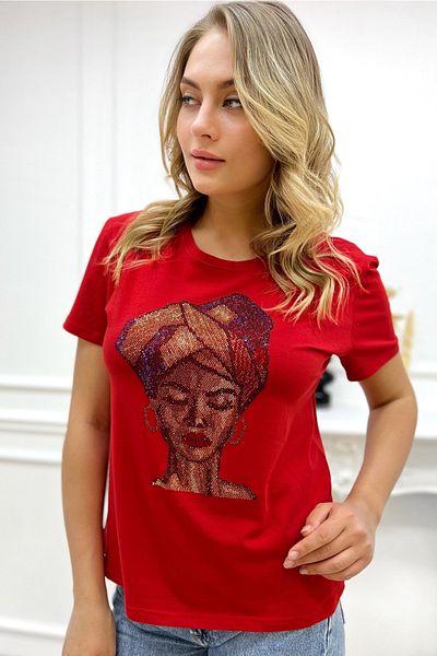 RICH GLAM Crystal Stoned Cotton Short Sleeve Crew Neck Large Size Red Women's T-shirt
