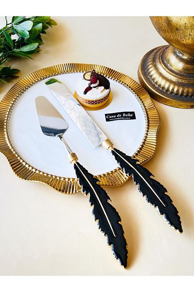 CASA DE BELLA 2 Piece Feather Pattern Cake Serving Set