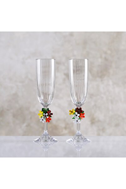 ADAMODART Violet Tasarım El Yapımı Cam Renkli Çiçek Dekorlu 2’li Şampanya Kadehi