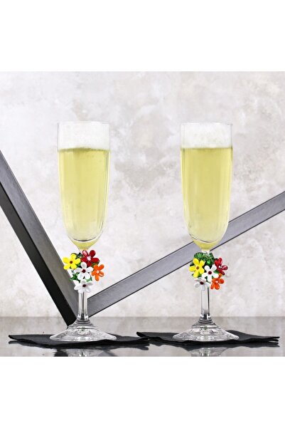 ADAMODART Violet Tasarım El Yapımı Cam Renkli Çiçek Dekorlu 2’li Şampanya Kadehi