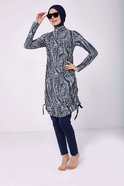TESMAY Navy Blue Gray Patterned Hijab Swimsuit Set of 4 Lycra Fully Covered Swimsuit Hijab Swimsuit