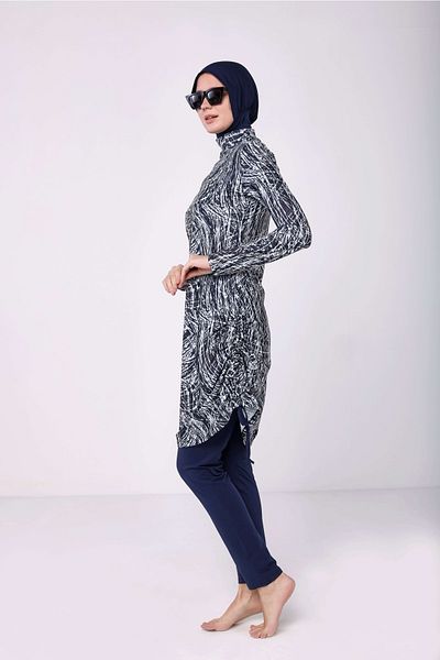 TESMAY Navy Blue Gray Patterned Hijab Swimsuit Set of 4 Lycra Fully Covered Swimsuit Hijab Swimsuit