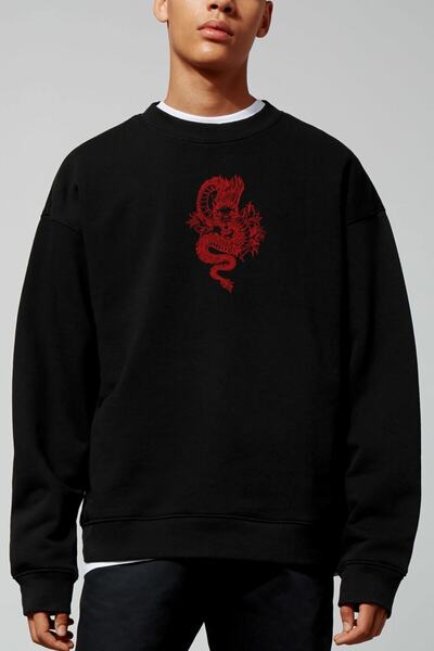trendgar D Oversize Ön Dragon Baskılı Siyah Sweatshirt