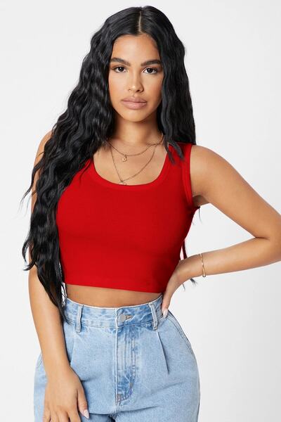 Imoda Kadın Kırmızı Kare Yaka Crop Top Bluz
