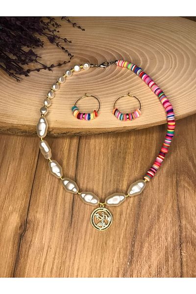 Stoneday Pearl and Colorful Fimo Special Design Set of 2 Gold Detailed Necklace with Combination Pearls