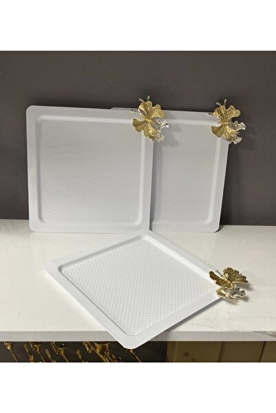 Elzem White Color 3 Piece Square Presentation Tray Dot Patterned Butterfly Model