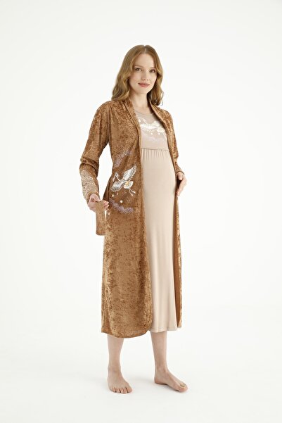 Miss Dünya Lissa Kahverengi Kadife Sabahlıklı Uzun Kol Hamile Ve Lohusa Gecelik Takımı