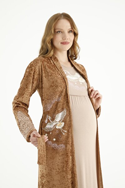 Miss Dünya Lissa Kahverengi Kadife Sabahlıklı Uzun Kol Hamile Ve Lohusa Gecelik Takımı