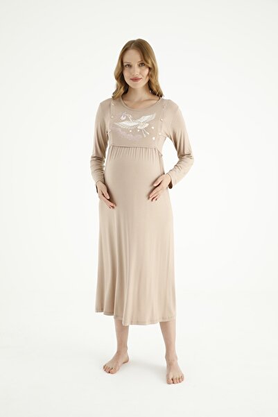 Miss Dünya Lissa Kahverengi Kadife Sabahlıklı Uzun Kol Hamile Ve Lohusa Gecelik Takımı