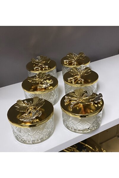 Elzem Dekoratif Gold Kapaklı 6 Lı Tatlı Kasesi Sunumluk Ikramlık Cam