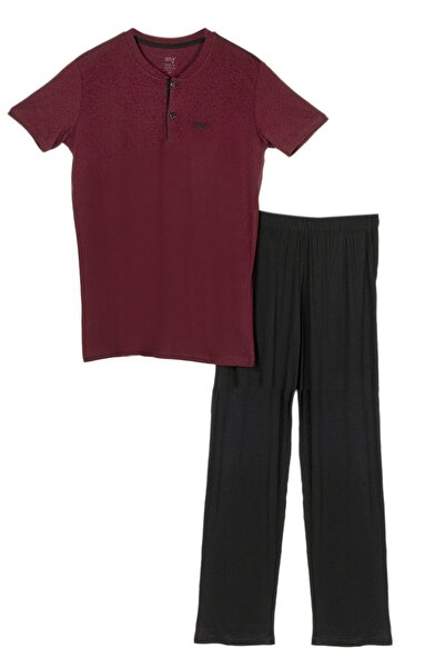 BSM Erkek Bordo Modal Pamuk Kısa Kollu Düğmeli Yazlık Pijama Takımı
