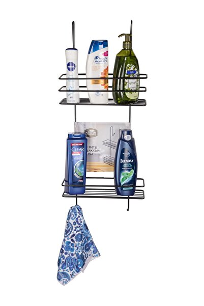 nilşah 2 Katlı Siyah Duşakabin Banyo Askılığı Şampuanlık