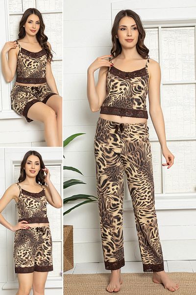 MyBen Women's Leopard Patterned Lace Detailed Pajama Set with Shorts 3 Piece Set 75031