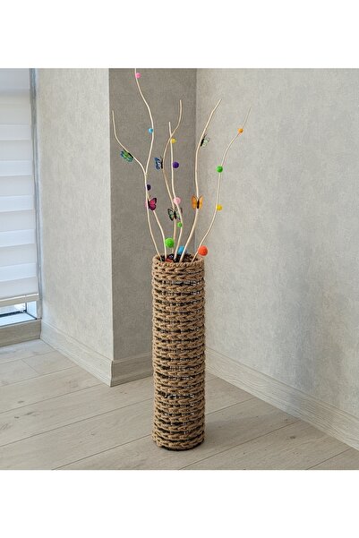 Asenya Hasır Örgü Vazo 70 Cm Çiçeklik Yapay Çiçek Vazosu Dekoratif Saksı