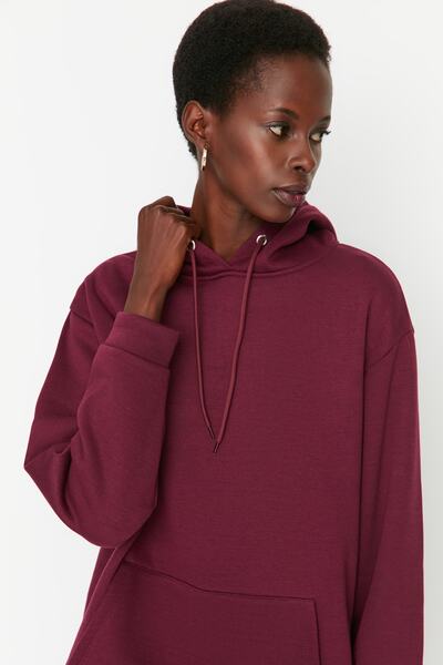 Trendyol Collection Тънък плетен суитшърт с джоб и качулка с кенгуру в цвят слива/широк крой TWOAW20SW0525