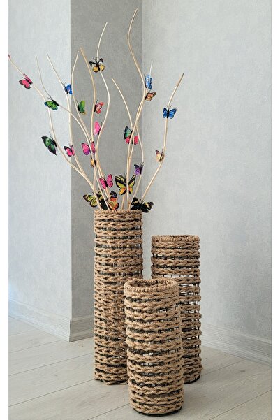 Asenya Hasır Örgü Vazo 3 Lü Set 30 Cm 50 Cm 70 Cm Çiçeklik Yapay Çiçek Vazosu...