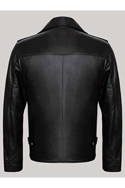 Derimont's Hakiki Kuzu Derisi Siyah Erkek Deri Mont Yandan Fermuarlı Mono Yaka Deri Ceket