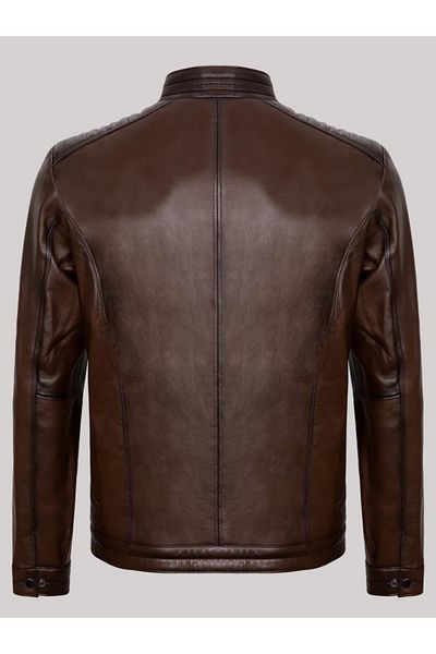 Derimont's Genuine Leather Brown Men's Leather Coat Straight Line Patterned Side Pocket Zippered Leather Jacket