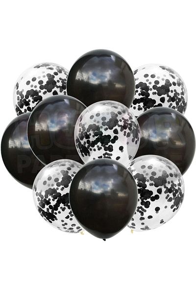 Huzur Party Store 20 Pieces 30 cm Black Metallic Sequin Balloon Set - Transparent Confetti